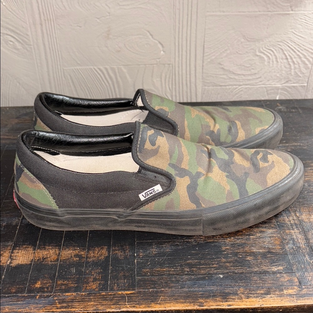 Vans Green and Brown Camouflage Slip-On Sneakers